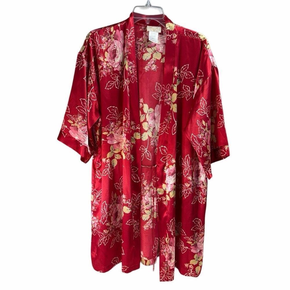 Inner Most Red Floral Kimono Robe Polyester Medium Lightweight Lounge Wear Soft